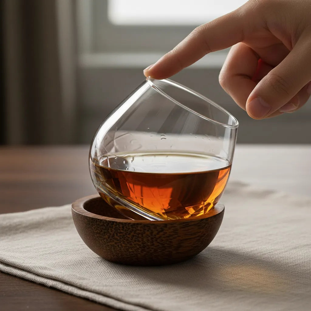 Copo de whisky em cristal premium com design esférico giratório Roly-Poly inclinando-se dinamicamente sobre mesa de Travertino Romano da Casa Vértice.