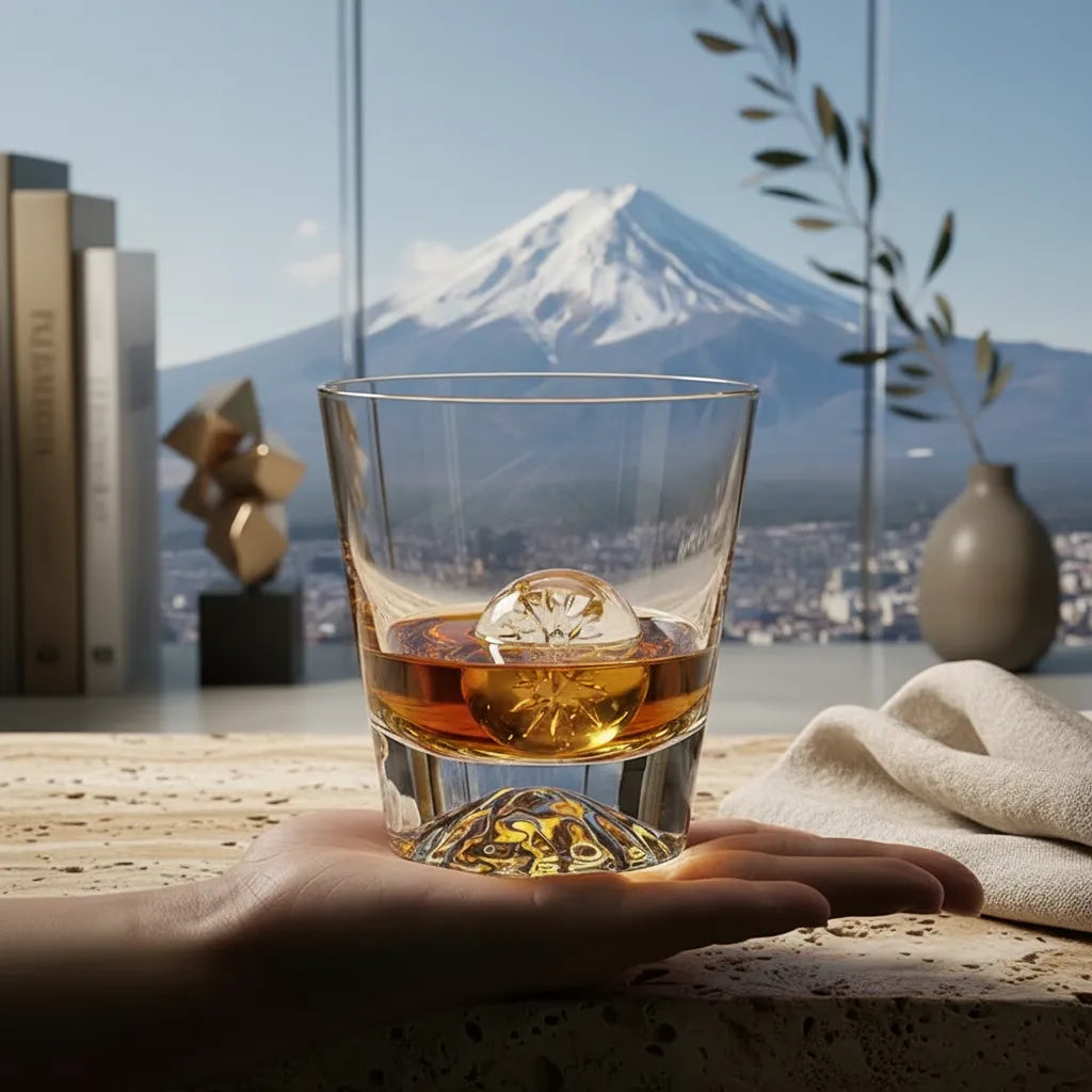 Detalhe da transparência e brilho do copo de cristal Monte Fuji com uísque e esfera de gelo.