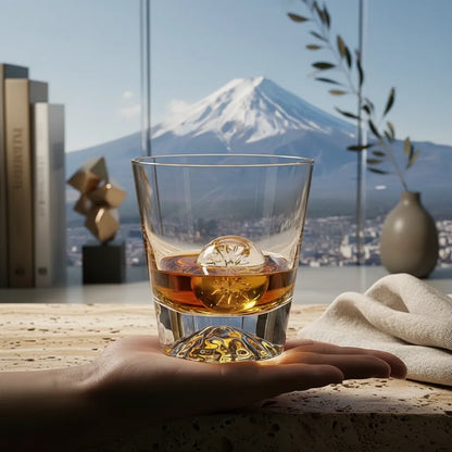 Detalhe da transparência e brilho do copo de cristal Monte Fuji com uísque e esfera de gelo.