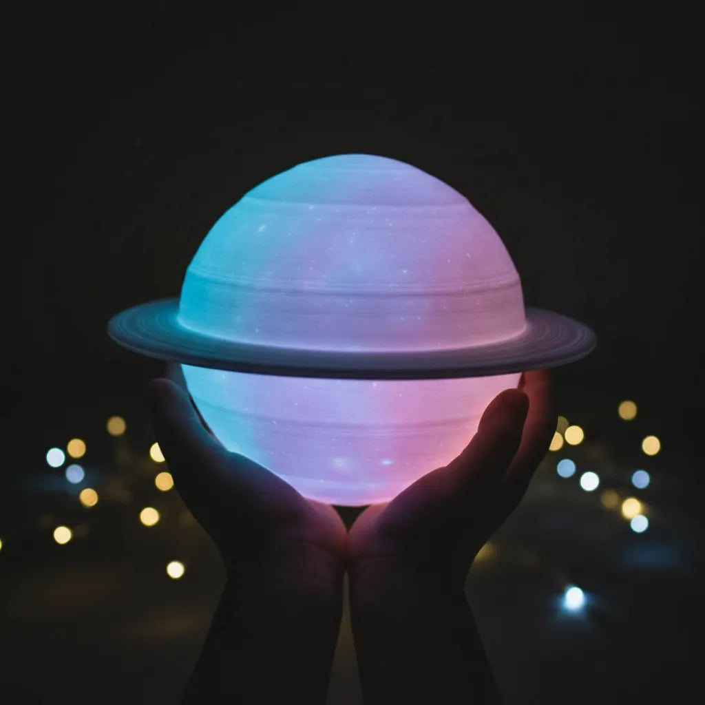 Mãos de criança segurando a luminária Saturno acesa como uma esfera mágica brilhante.