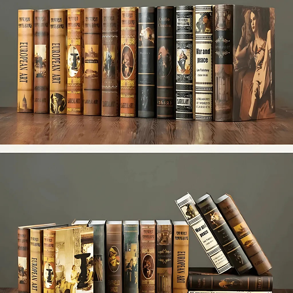 Ambiente de luxo decorado com livro decorativo clássico europeu e escultura em mesa de centro.