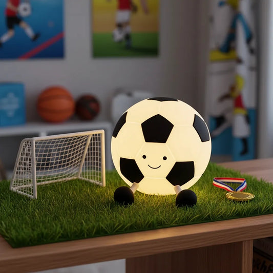 Luminária bola de futebol Football Star sobre tapete verde com trave e medalha.