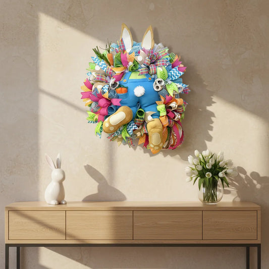 Guirlanda colorida de coelho compondo a decoração de uma sala de estar moderna e iluminada.