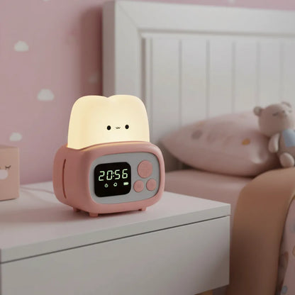 Relógio despertador infantil formato torradeira rosa com luz noturna suave.
