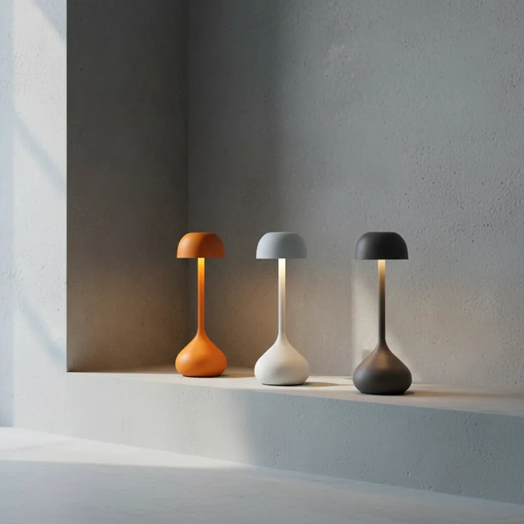 Close-up da textura fosca premium da luminária de mesa Mushroom Touch.