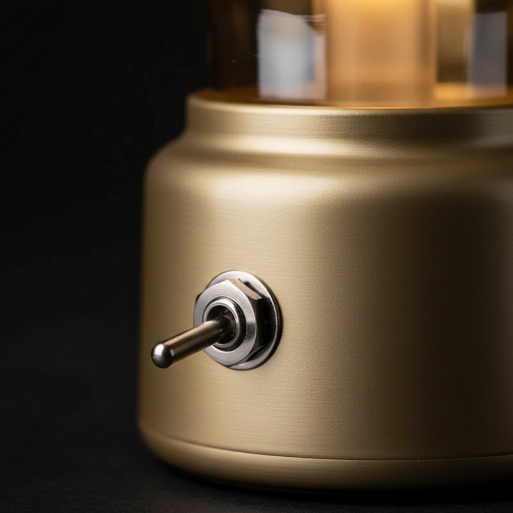 Close-up do interruptor estilo retrô de alavanca (toggle switch) da luminária Bulb.