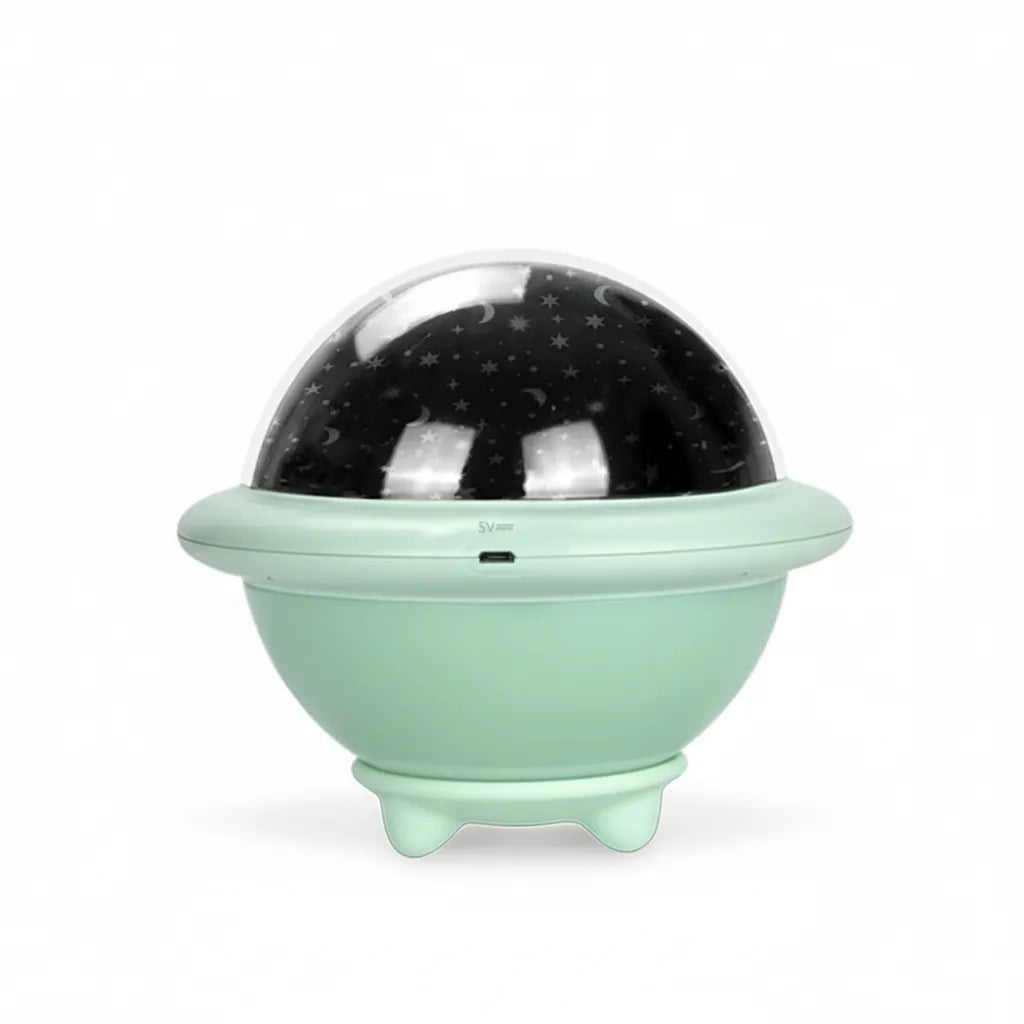 Close-up do design de disco voador da luminária infantil UFO Star Projector.