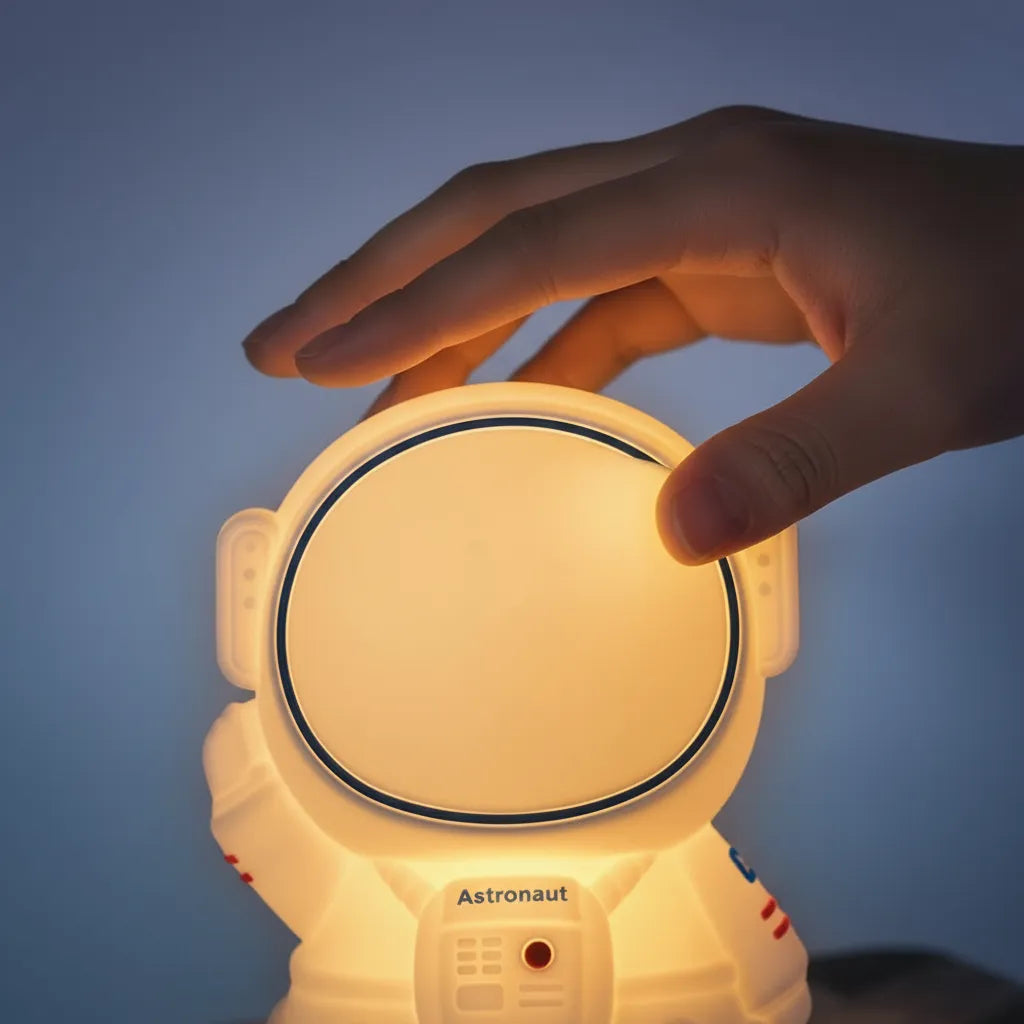 Mão tocando o sensor da luminária astronauta feita de silicone macio e seguro.