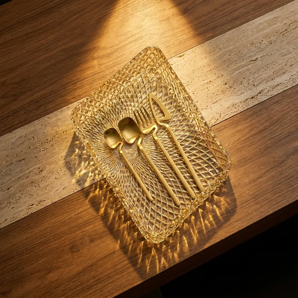 Talheres dourados arquiteturais sobre bandeja de cristal texturizado e mesa de nogueira, estilo Casa Vértice.