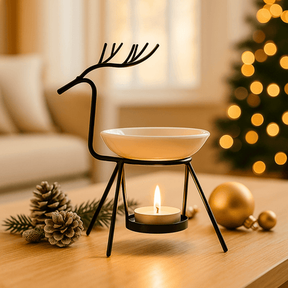 difusor rena com vela acesa em mesa com pinhas e esferas douradas