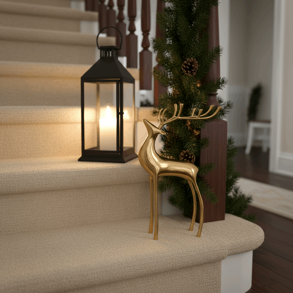 escultura cervo dourado em escada com lanterna e guirlanda