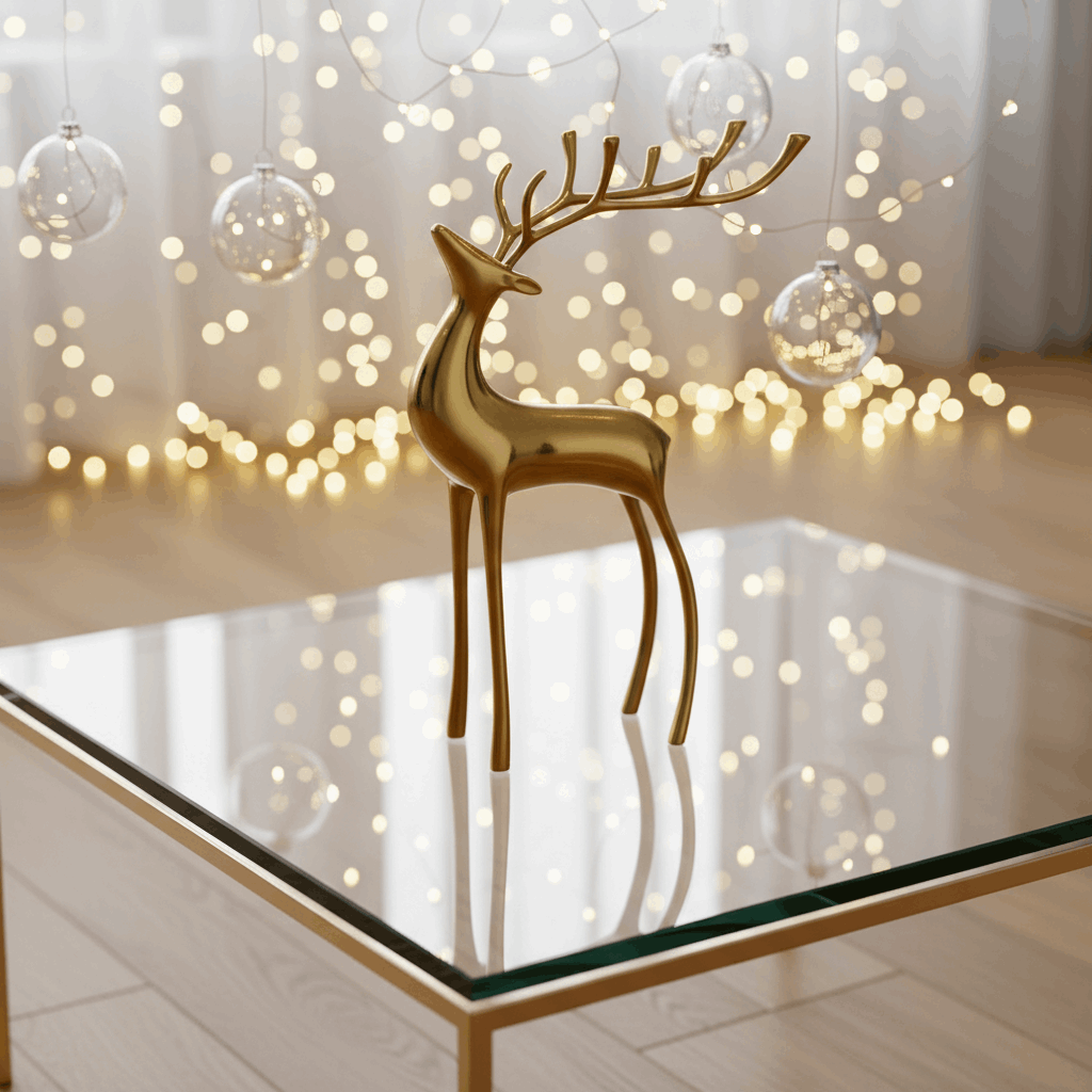 escultura cervo dourado sobre mesa de vidro com luzes ao fundo