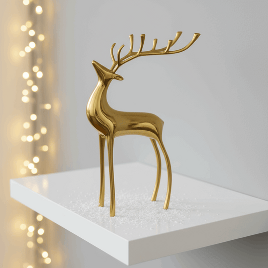 escultura cervo dourado com acabamento espelhado sobre prateleira branca