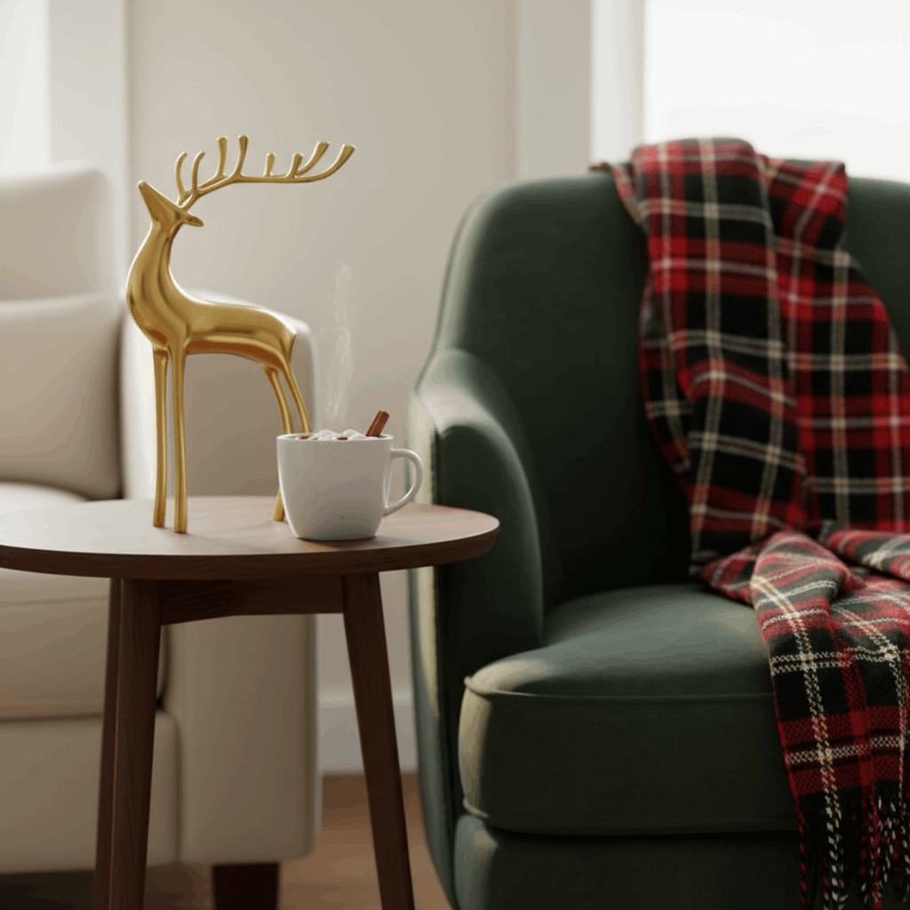 escultura cervo dourado em mesa lateral com manta xadrez ao fundo