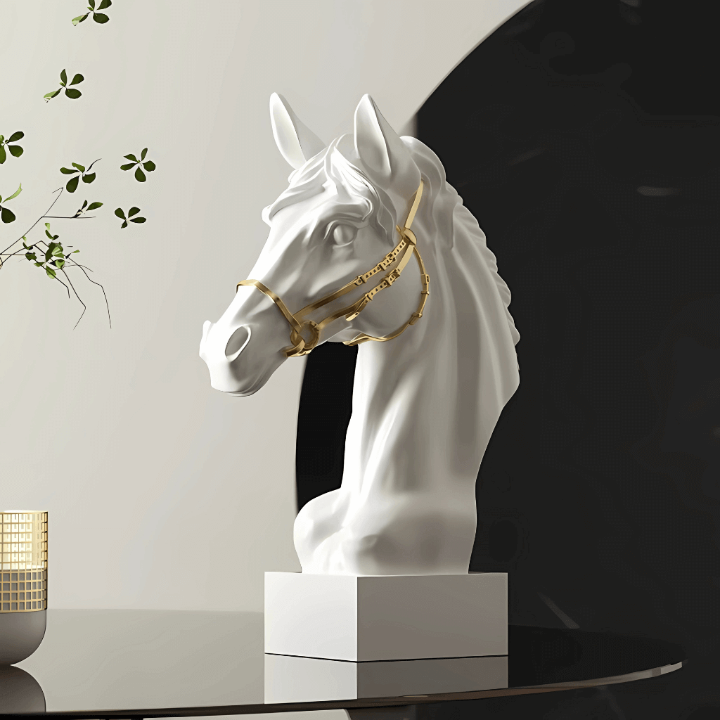 Estatueta decorativa cabeça de cavalo branca luxo clássica resina Casa Vértice