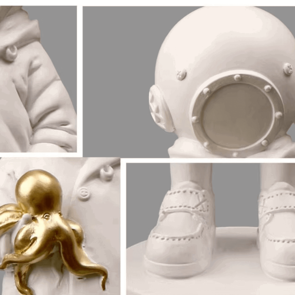 Estatueta astronauta detalhes capacete visor polvo dourado resina premium Casa Vértice