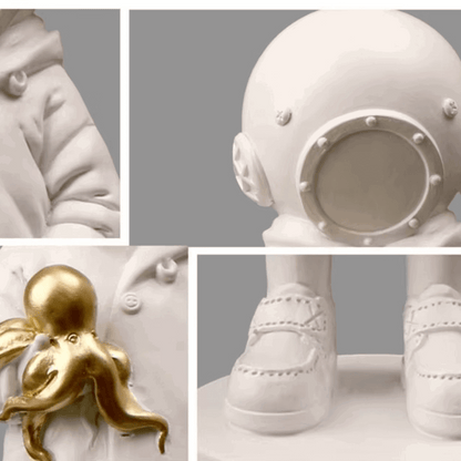 Estatueta astronauta detalhes capacete visor polvo dourado resina premium Casa Vértice