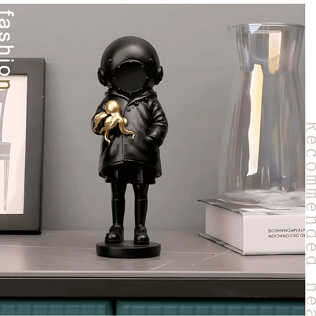 Estatueta decorativa astronauta polvo resina preta arte conceitual Casa Vértice