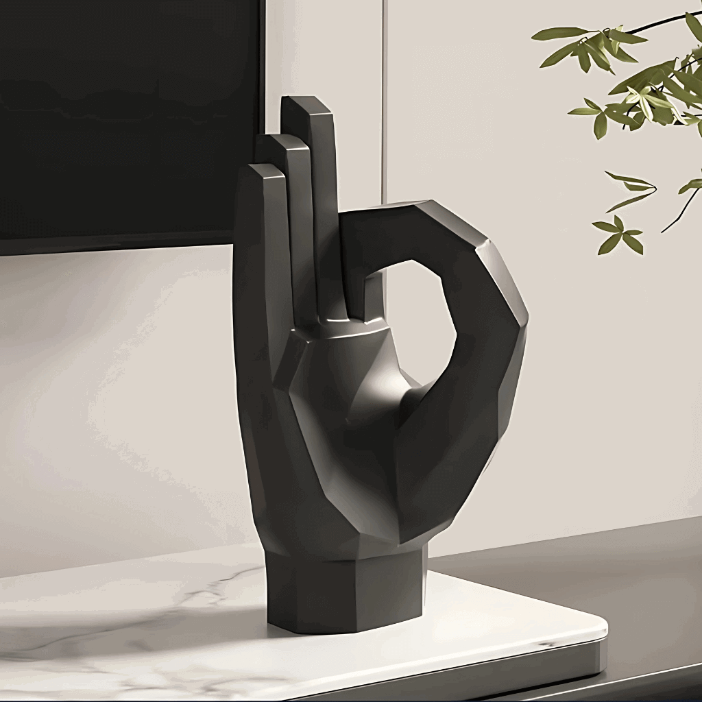 Estatueta decorativa mão gesto OK resina ecológica branca mesa escritório Casa Vértice