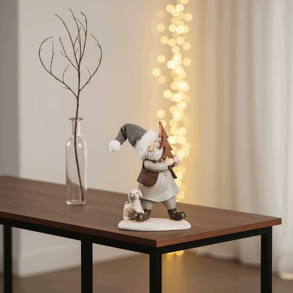 estatueta papai noel com árvore e cão em resina fundo neutro
