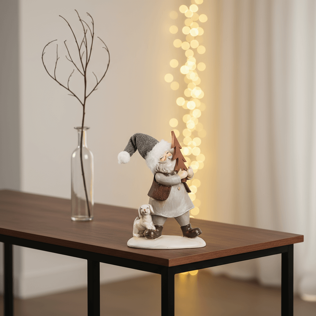 estatueta papai noel com árvore e cão em resina fundo neutro
