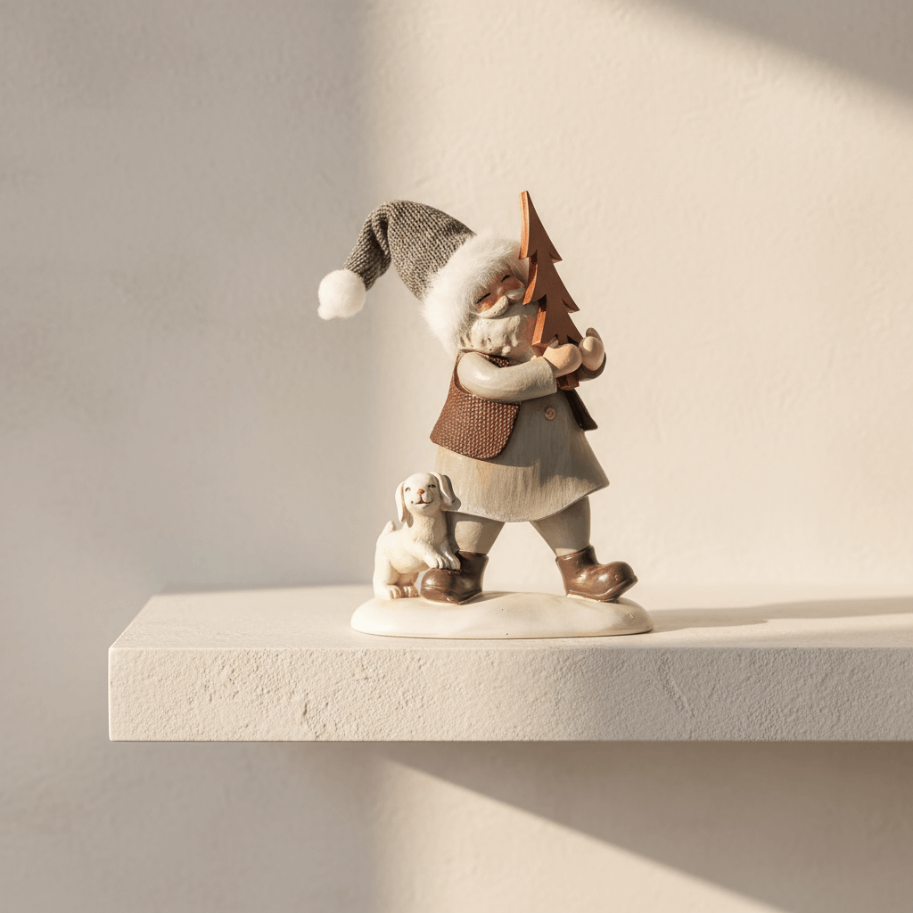 estatueta papai noel com árvore e cachorro em resina para decoração de Natal