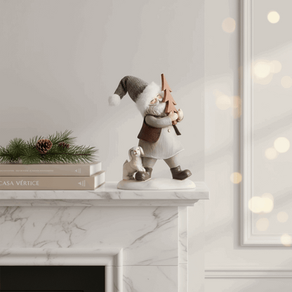 enfeite de Natal papai noel com pinheiro e cão sobre lareira em resina