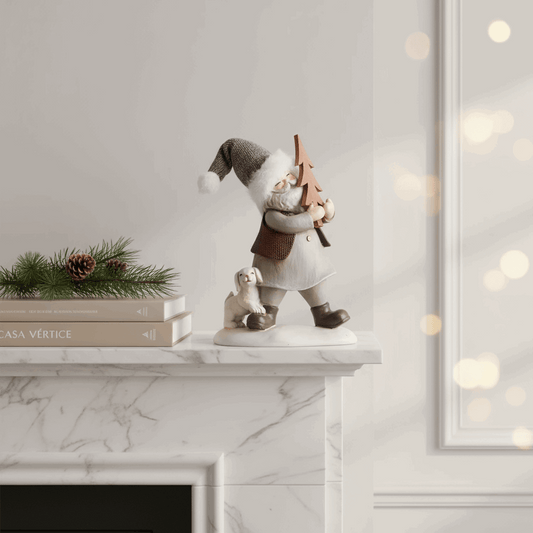 enfeite de Natal papai noel com pinheiro e cão sobre lareira em resina