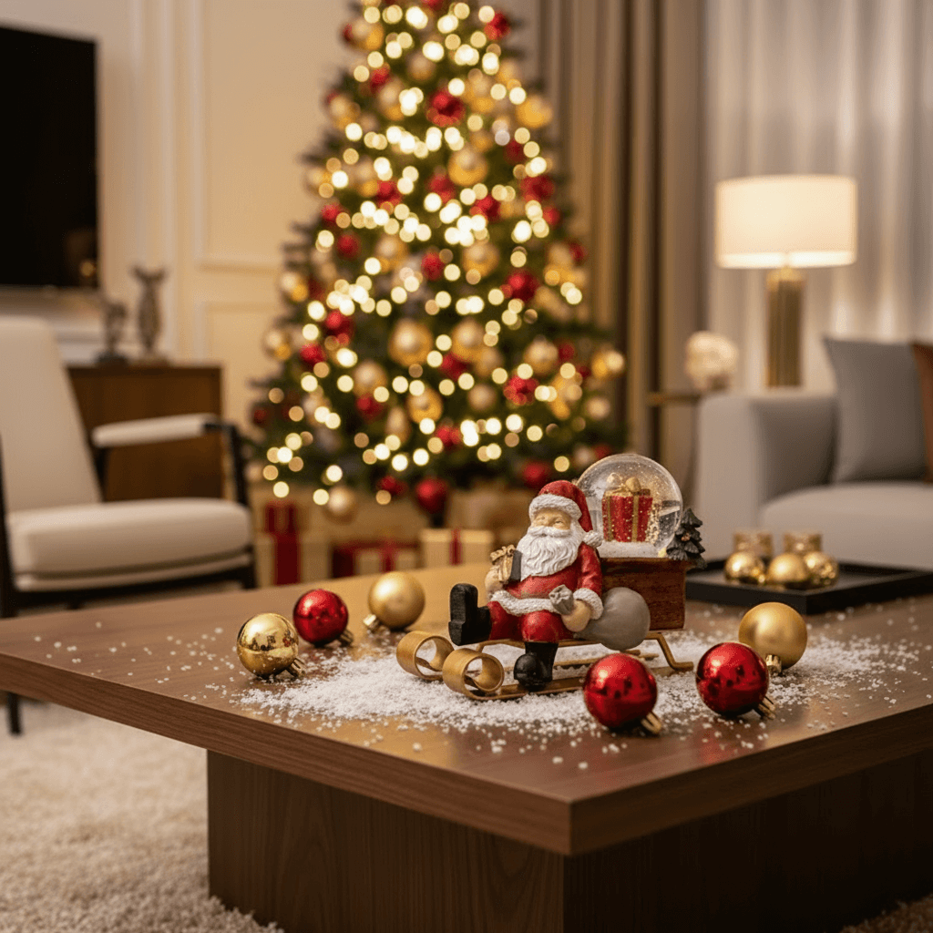 estatueta natalina Papai Noel no trenó em composição com pinhas e bolas douradas