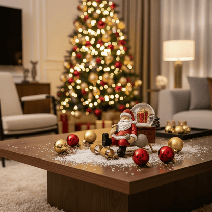 estatueta natalina Papai Noel no trenó em composição com pinhas e bolas douradas