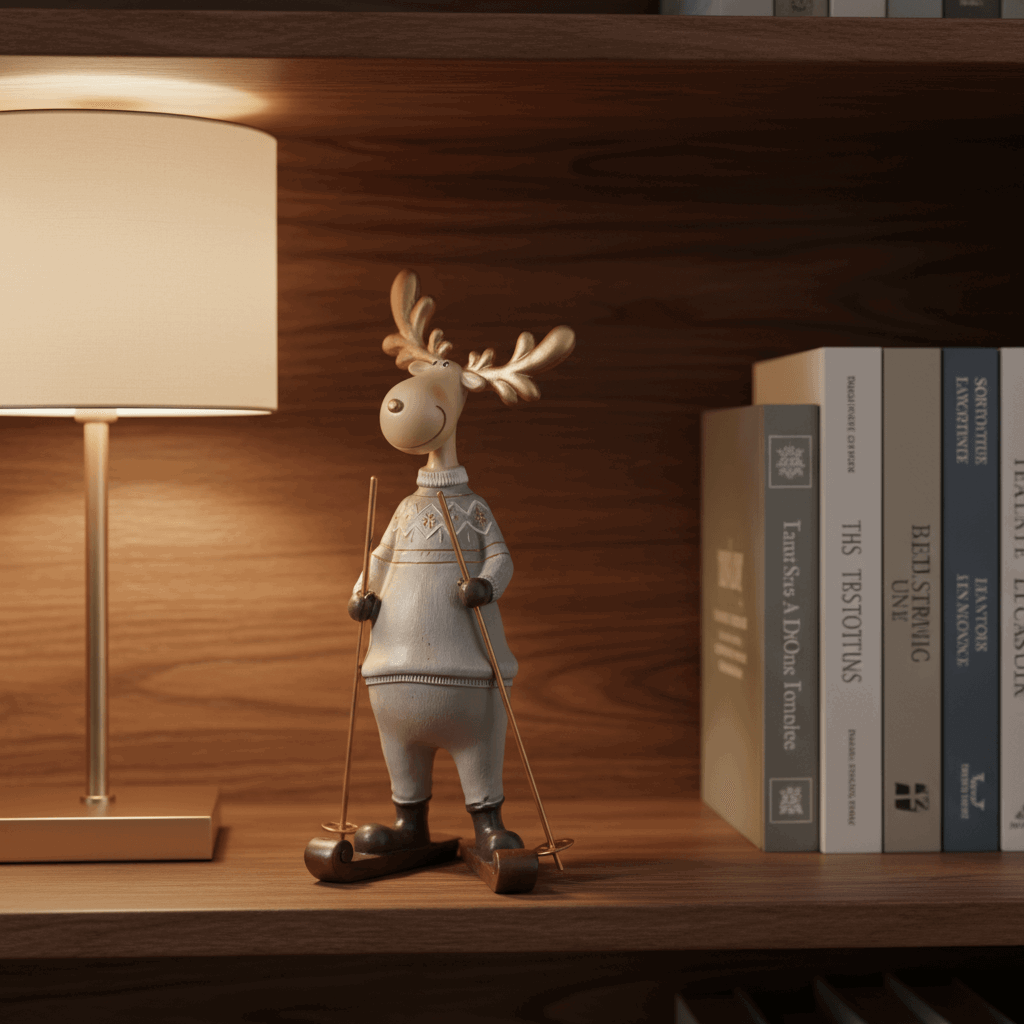 estatueta rena esquiadora em resina sobre prateleira na sala