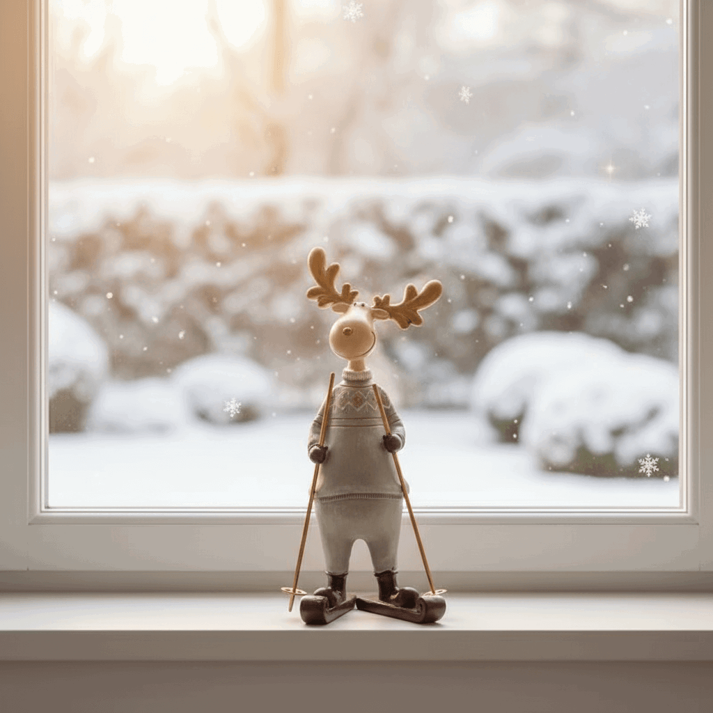 estatueta rena esquiadora em resina na janela com neve ao fundo