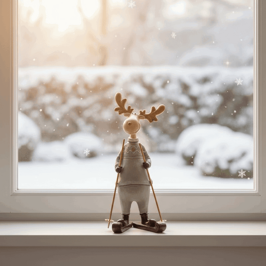 estatueta rena esquiadora em resina na janela com neve ao fundo