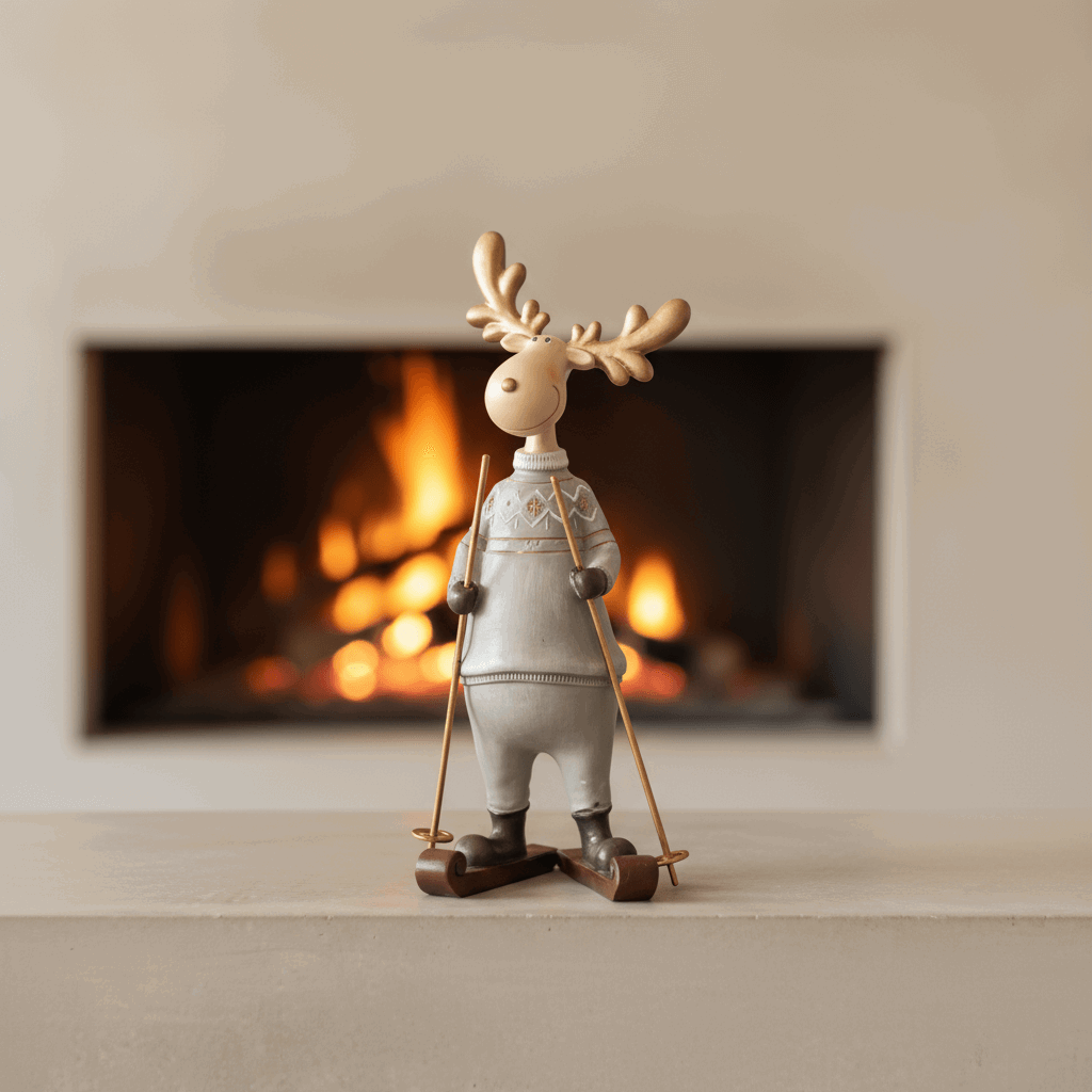 rena esquiadora em resina diante da lareira acesa