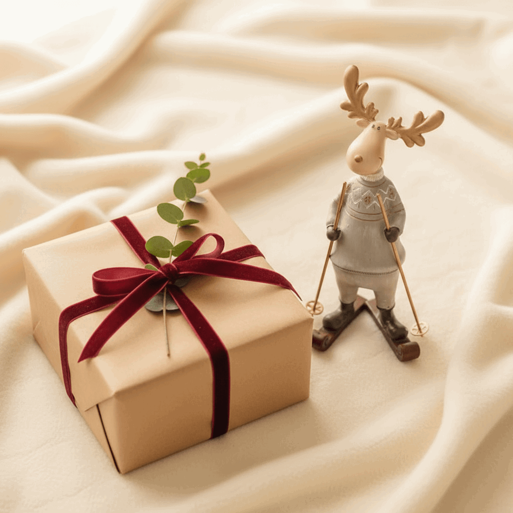 enfeite de Natal rena esquiadora ao lado de presente decorado