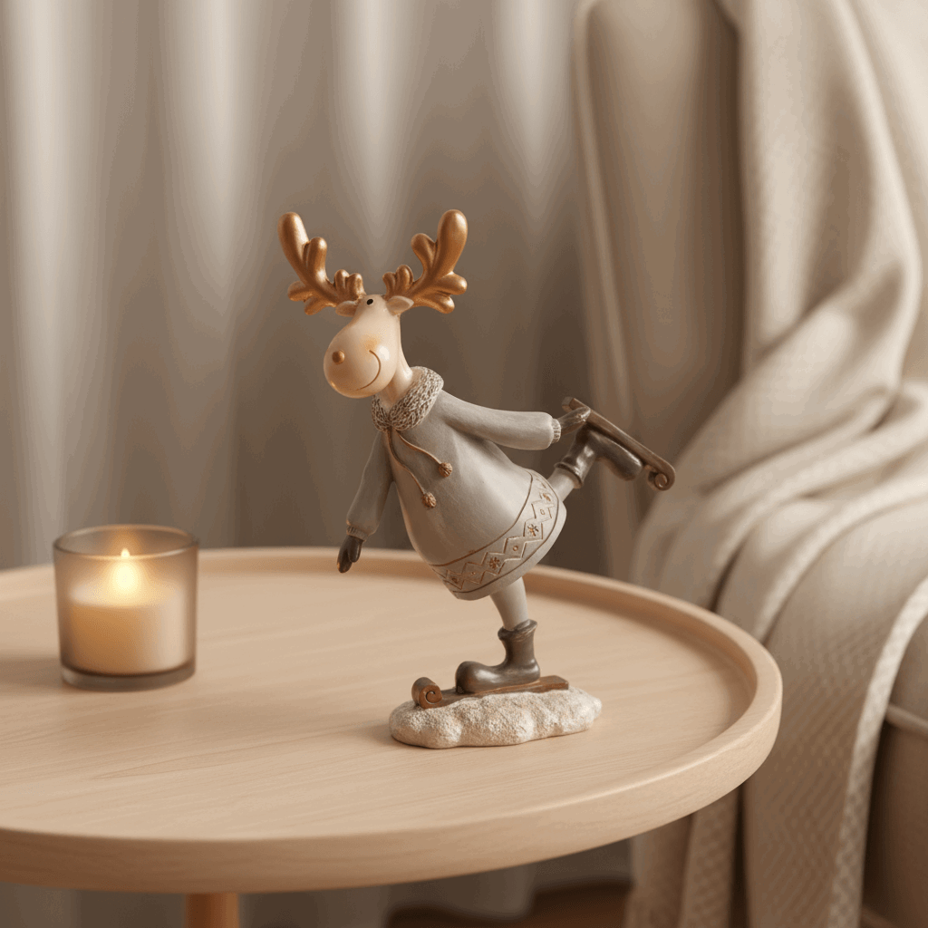 estatueta rena patinadora em resina em mesa ao lado de vela
