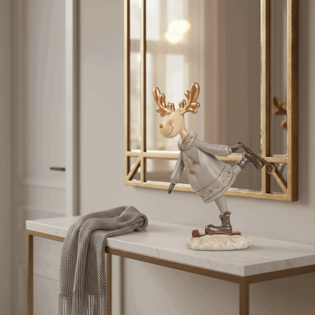 rena patinadora em resina no aparador com espelho dourado