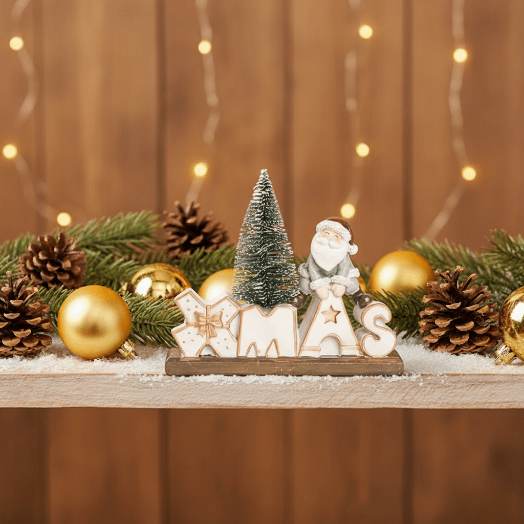 estatueta XMAS em resina com bolas douradas e pinhas na composição