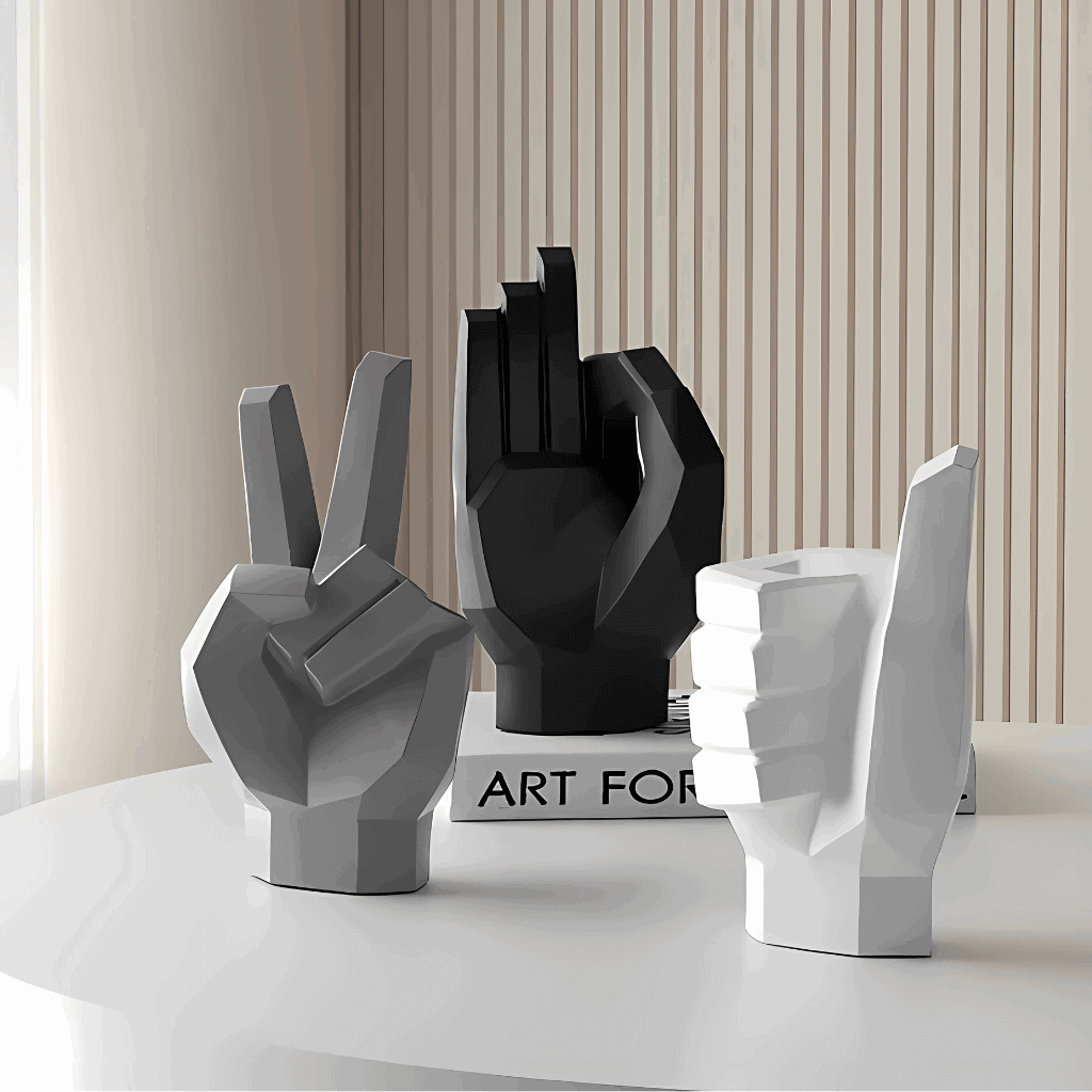 Conjunto estatuetas mãos decorativas gestos positivos resina cores variadas Casa Vértice