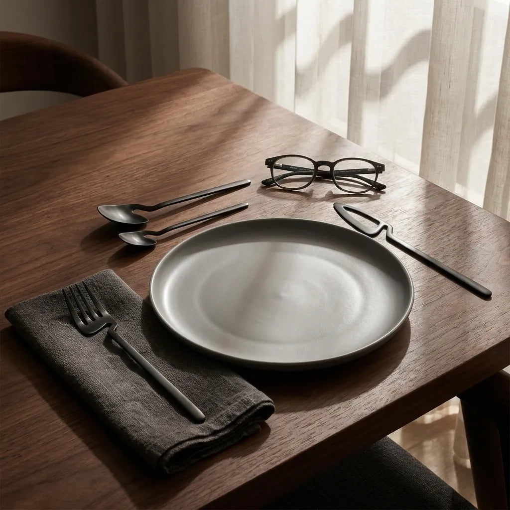 faqueiro em mesa posta de madeira premium com prato de ceramica.