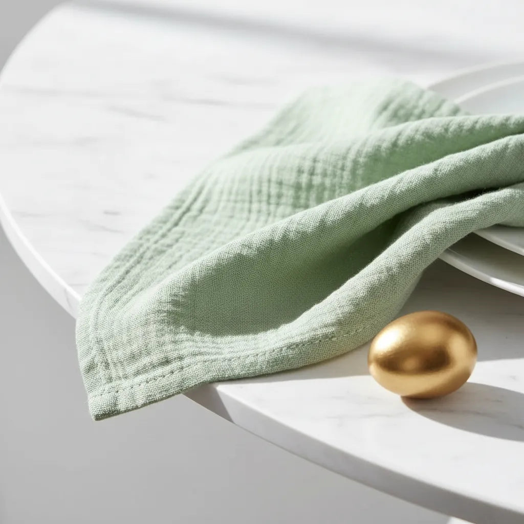 Detalhe do guardanapo de pano verde salvia  minimalista com textura crinkle para decoração mesa posta