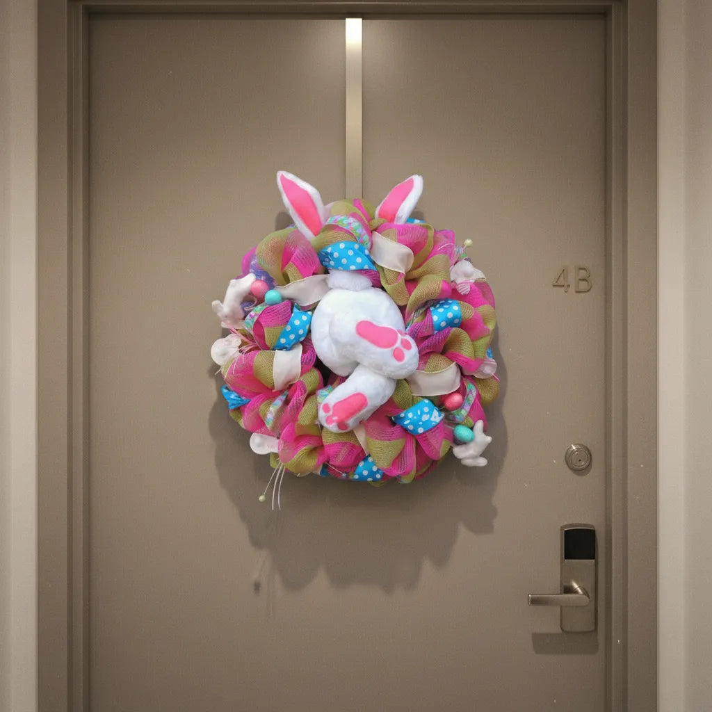 Decoração de páscoa sofisticada com guirlanda de coelho sobre parede fendi