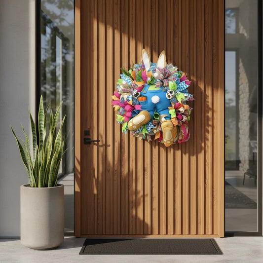 Guirlanda de Páscoa Bunny Jardineira 40cm decorando porta de madeira ripada de alto padrão.