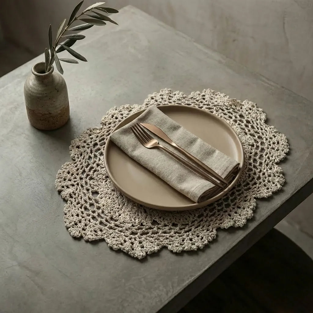Ambiente de mesa posta com jogo americano de crochê artesanal, guardanapo de linho e iluminação quente cinematográfica.