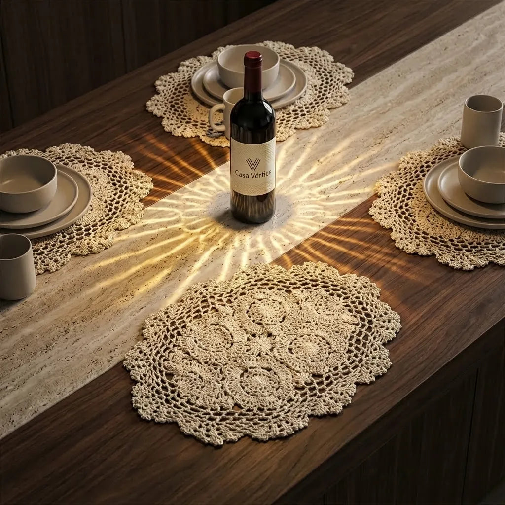 Conjunto de quatro jogos americanos de crochê handmade oval em algodão bege, com padrão floral, sobre mesa de nogueira e mármore Travertino.