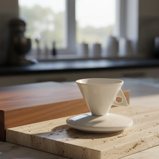 Jogo de xícara de café demitasse cônica escultural em Bone China com pires côncavo incluído, padrão Casa Vértice.
