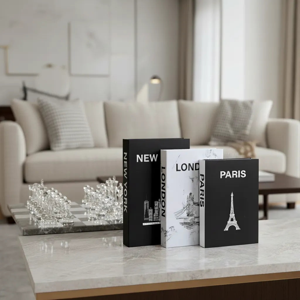 Decoração de sala de estar sofisticada com livros caixa decorativos sobre mesa de mármore travertino em ambiente com iluminação natural.