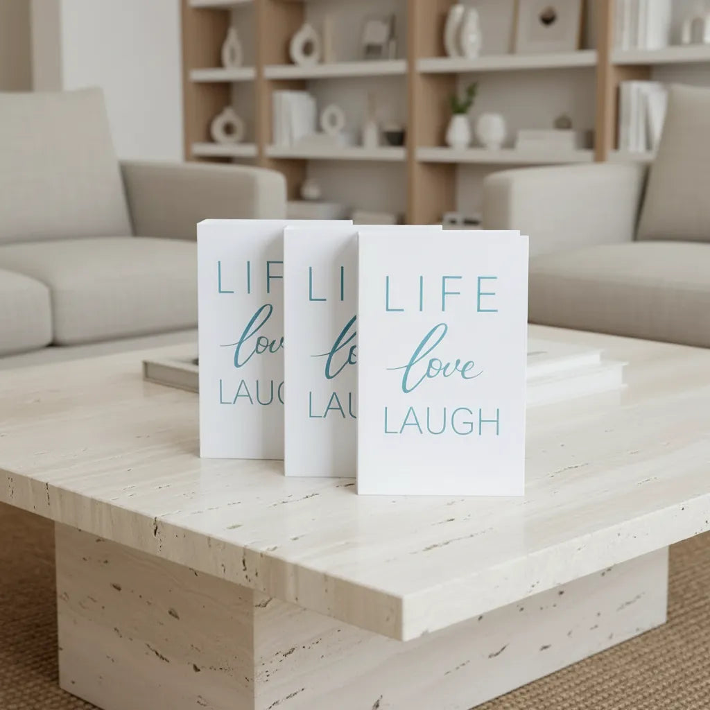 Livro caixa organizador branco em mesa de centro de mármore, ideal para decoração minimalista e sofisticada.