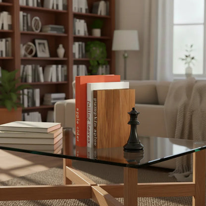 Decoração de sala de luxo com livro caixa terracota sobre mesa de vidro, estilo editorial Casa Vértice.