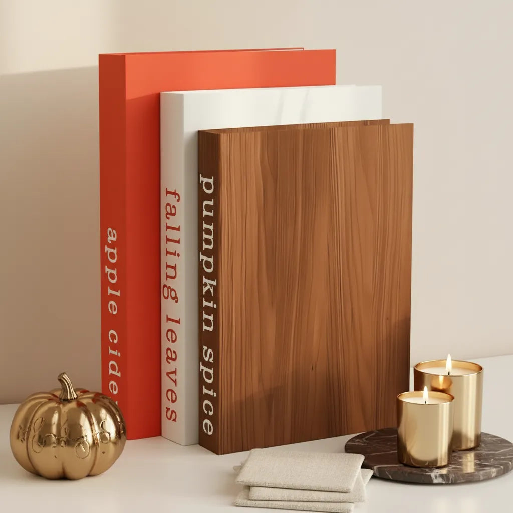 Livro caixa decorativo coleção Outono Rústico nas cores bege, terracota e marrom café com acabamento matte premium.